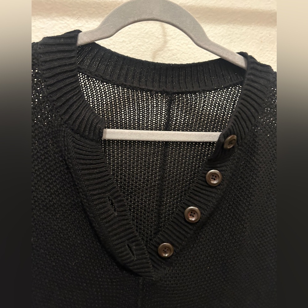 NEW Cable Knit Long Sleeve Button V Neck Pullover Henley Sweater Top Black - Picture 6 of 9